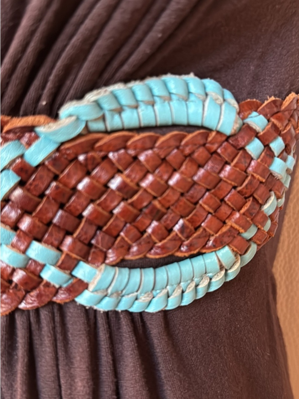 Sky Brown Tank Top Turquoise gold Beaded jewels small leather v neck cap sleeve - Picture 3 of 5